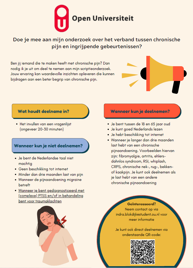 Flyer met informatie over het onderzoek chronische pijn en ingrijpende gebeurtenissen