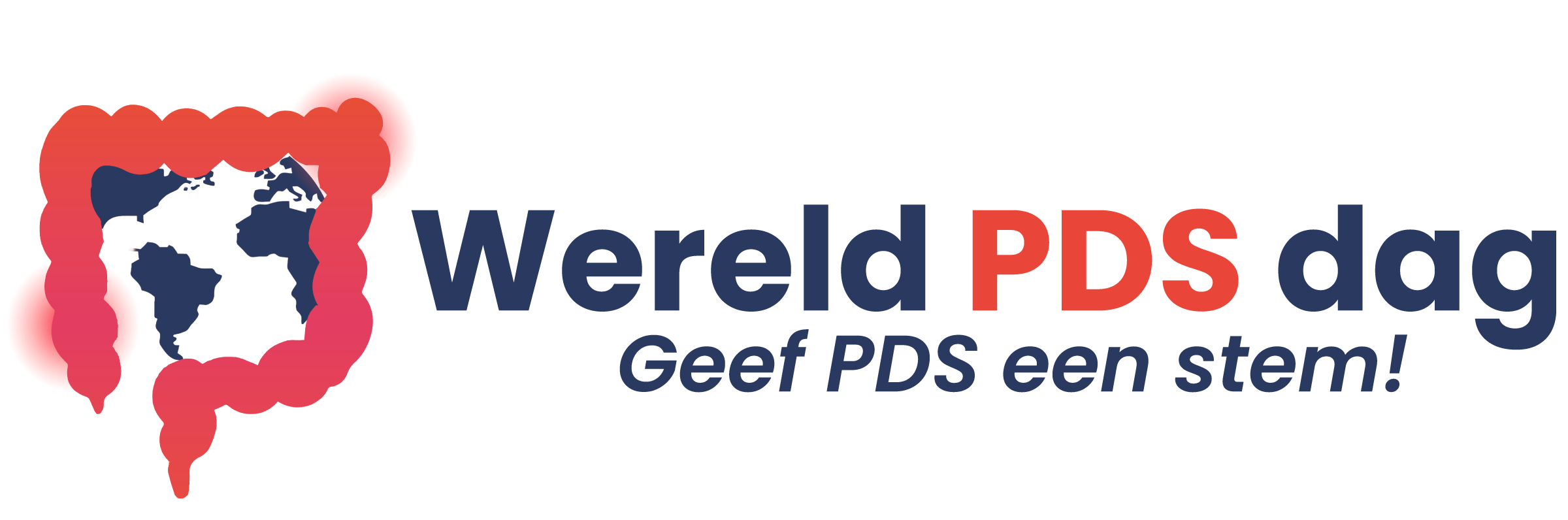 Wereld PDS Dag logo op witte achtergrond, met een darm met een wereldkaart en als tekst: Wereld PDS Dag, Geef PDS een stem!